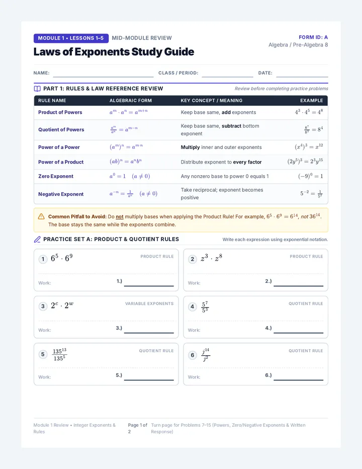 Exponent Rules Study Guide