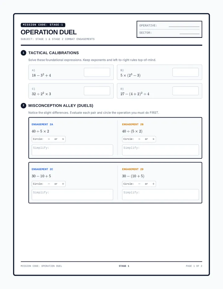 Operation Duel Worksheet