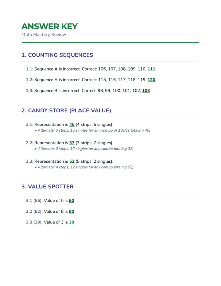 Math Mastery Review Answer Key Plus