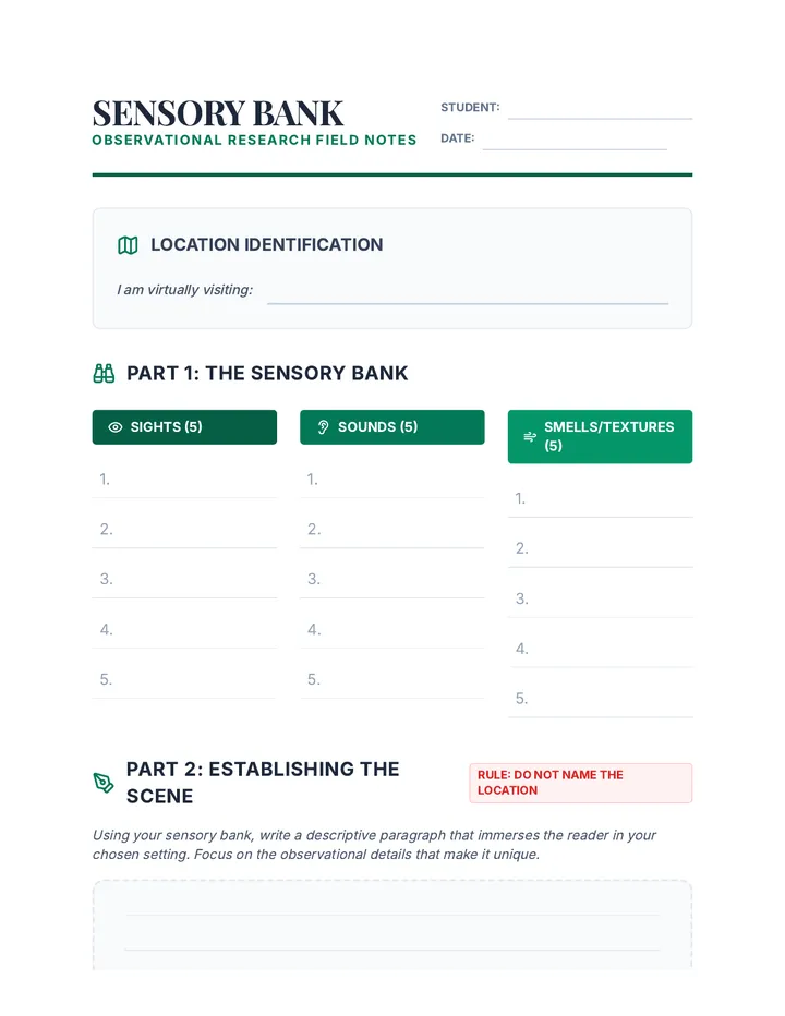 Sensory Bank Worksheet
