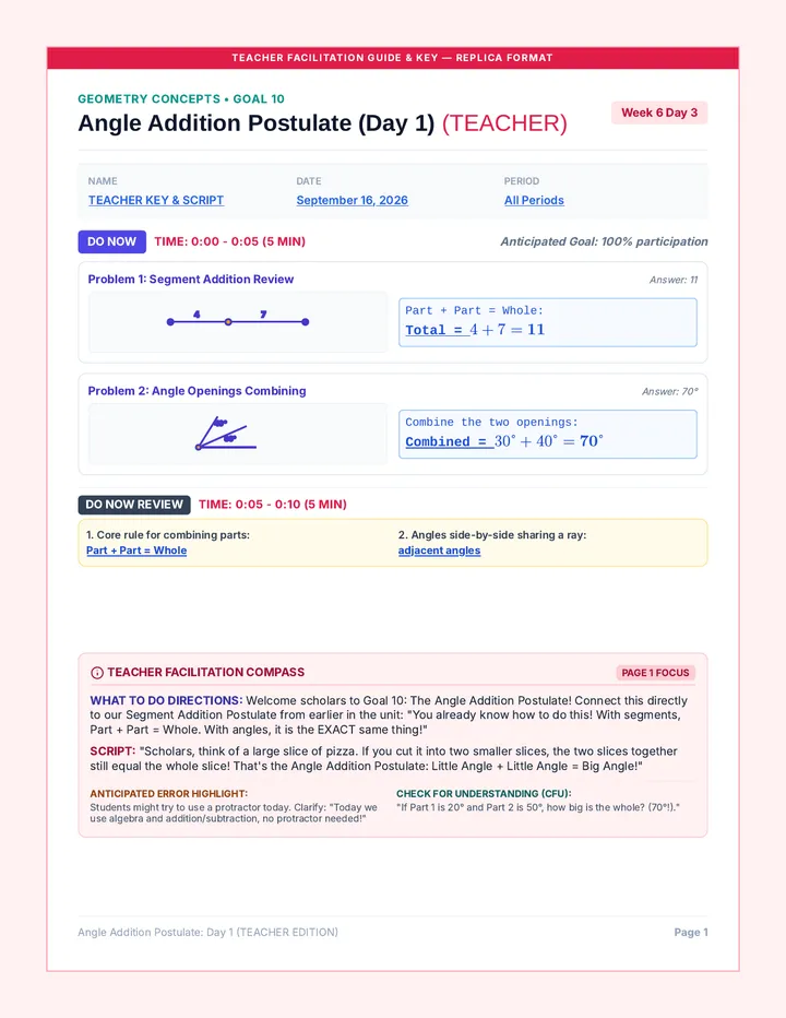 Angle Addition Day 1 Teacher Packet