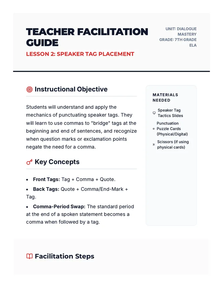 Speaker Tag Tactics Teacher Guide
