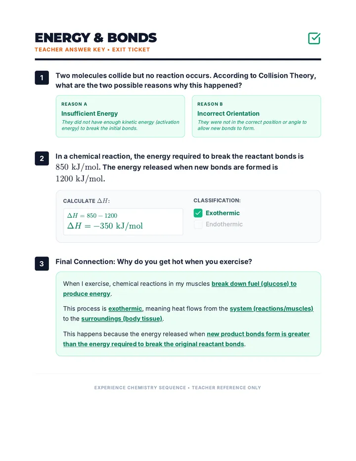 Energy Bonds Exit Ticket Answer Key