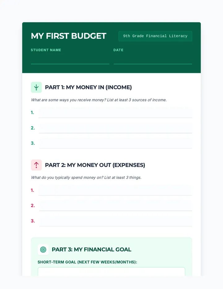 My First Budget Worksheet