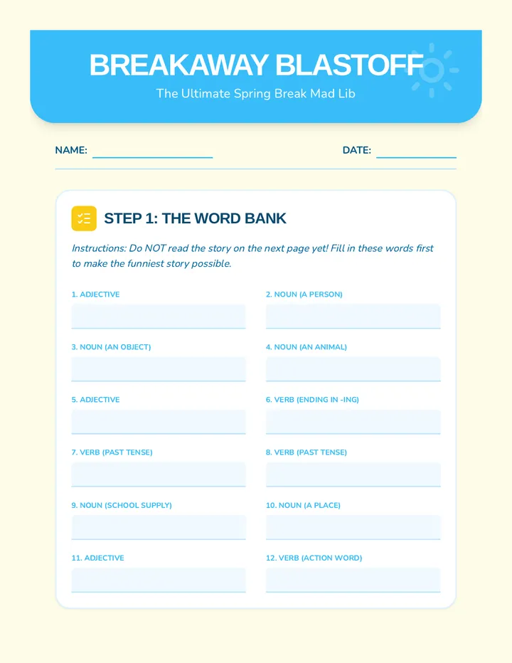 Breakaway Blastoff Worksheet