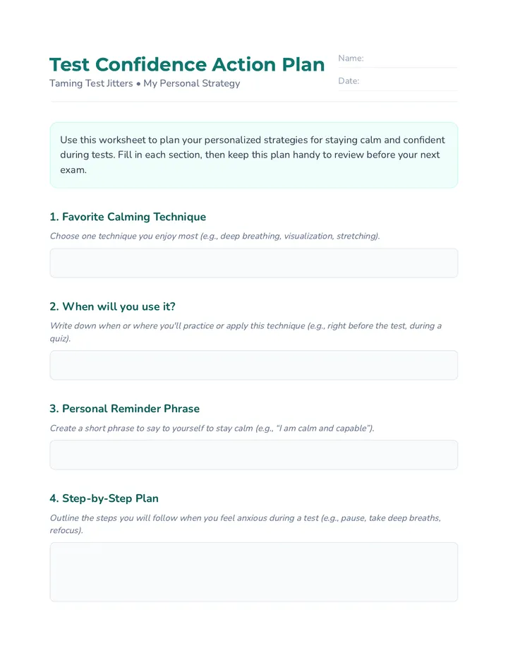 Test Confidence Action Plan Worksheet