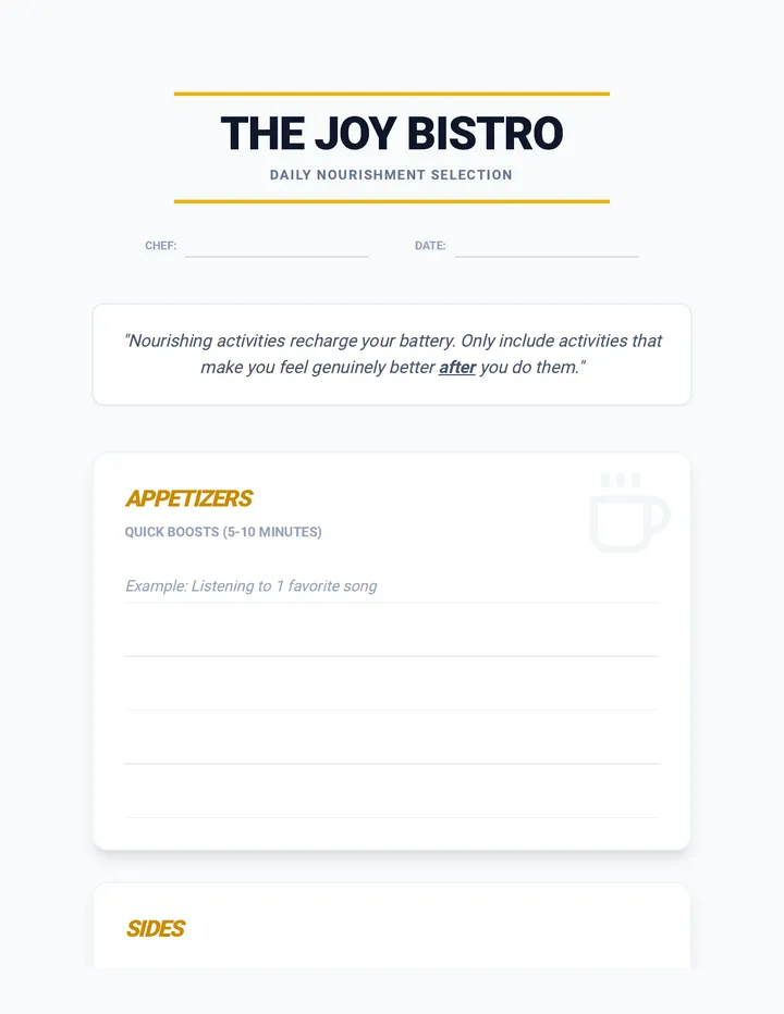 Menu of Joy Worksheet