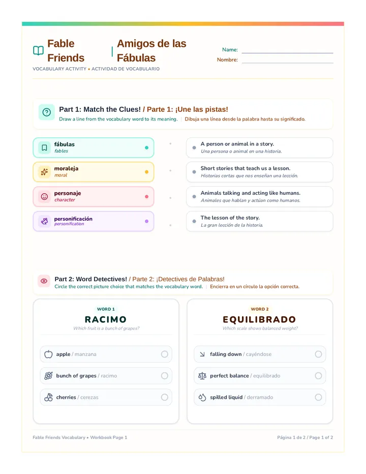 Fable Vocabulary Worksheet