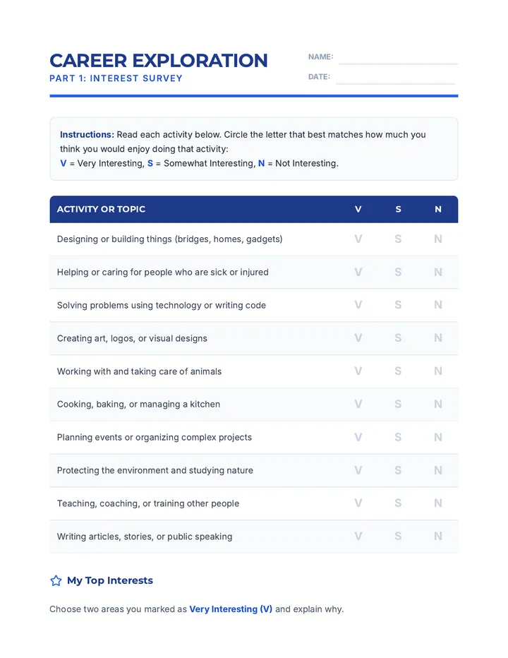 Career Interests and Mapping Worksheet