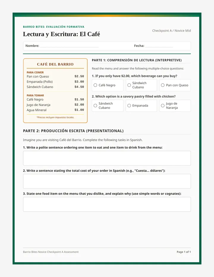 Cafe del Barrio Worksheet