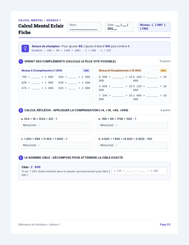 Calcul Mental Eclair Fiche