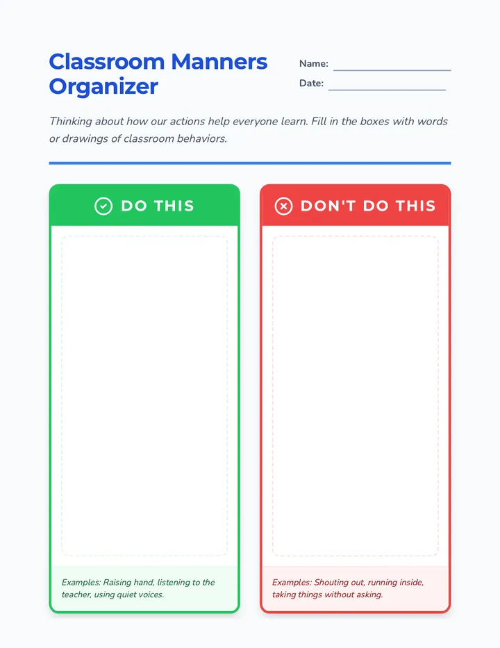 Classroom Manners Organizer Worksheet
