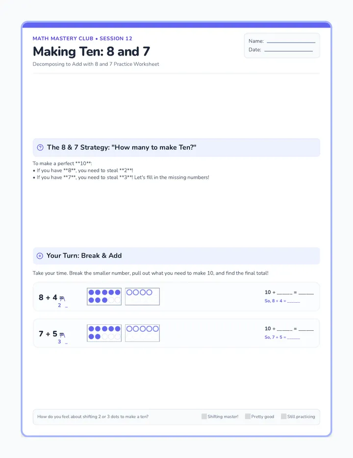 Making Ten Eight Seven Worksheet