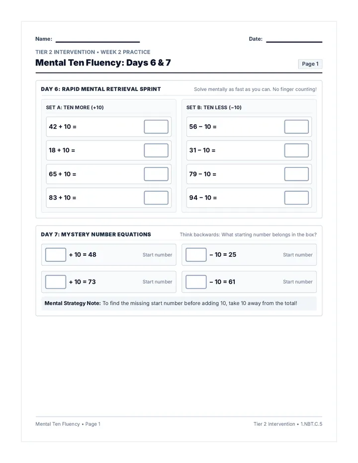 Mental Ten Fluency Worksheets