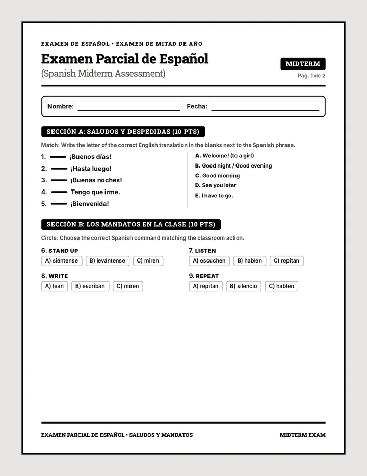 Spanish Basics Midterm Assessment