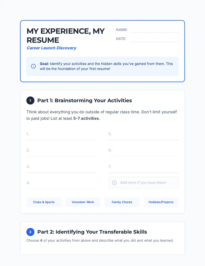 My Experience, My Resume Worksheet