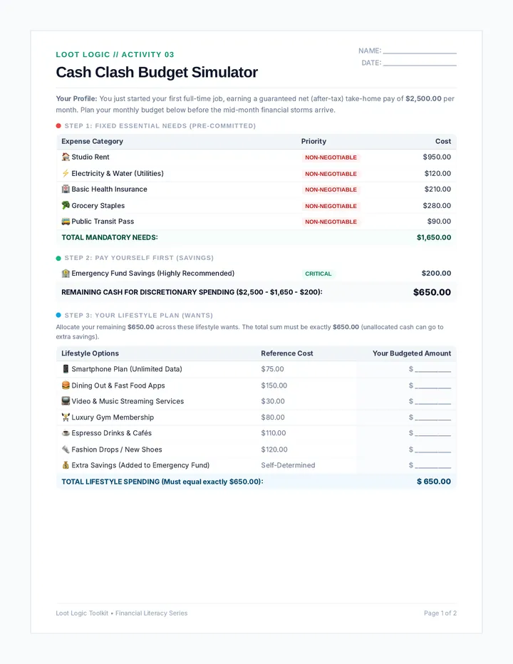 Cash Clash Worksheet