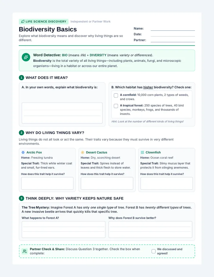 Biodiversity Basics Worksheet