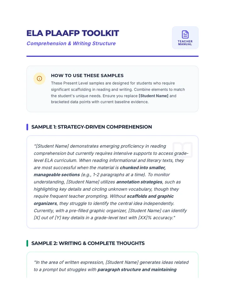 ELA Present Level Samples Resource page 1
