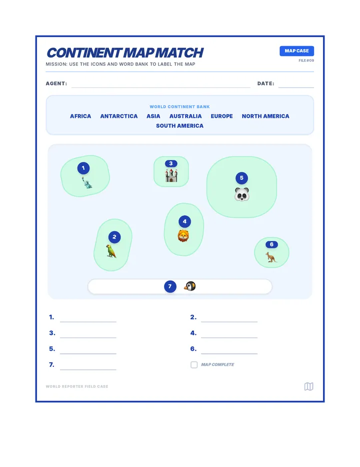 Continent Map Match Worksheet