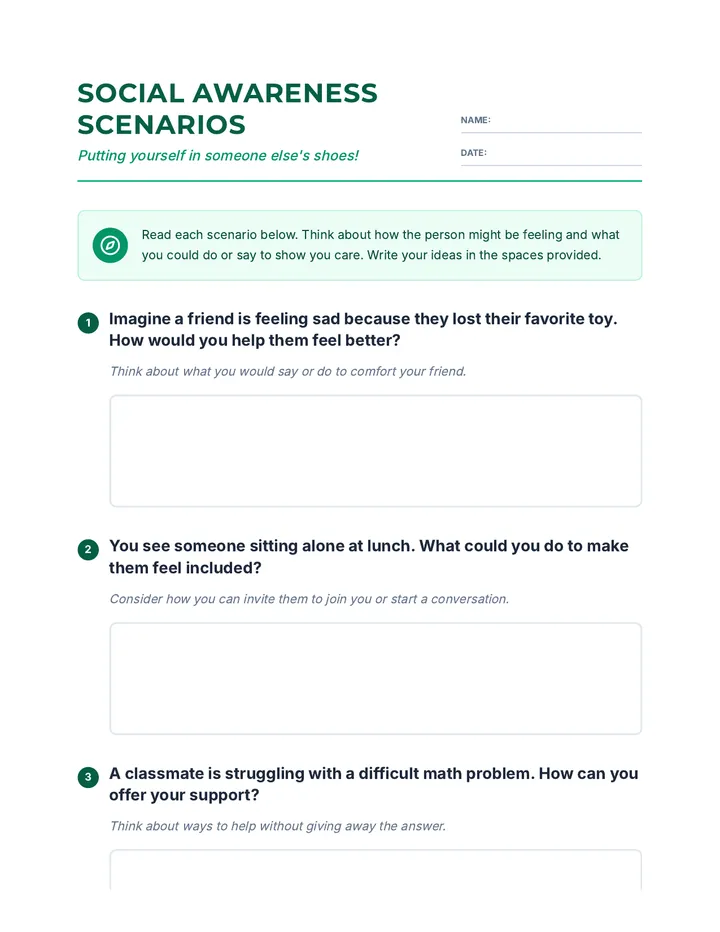 Social Awareness Scenarios Worksheet