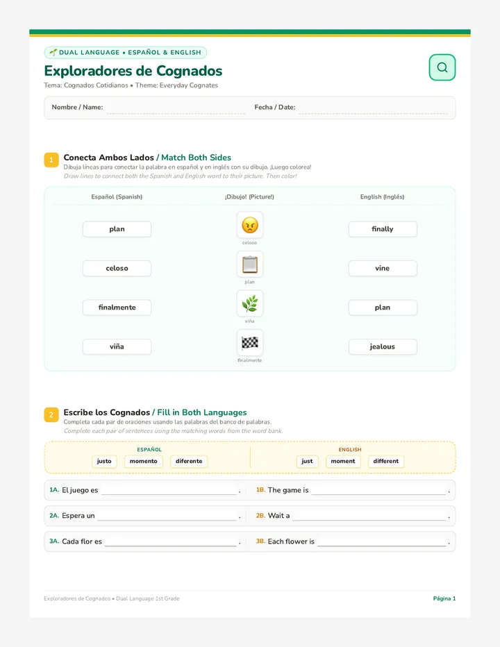 Exploradores de Cognados Worksheet