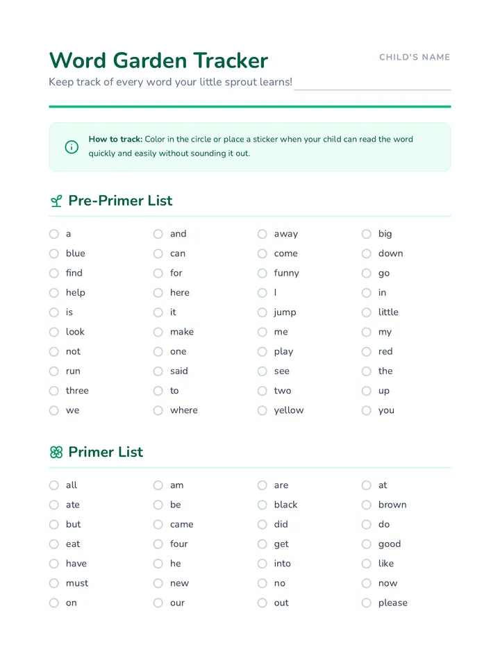 Word Garden Tracker Sheet