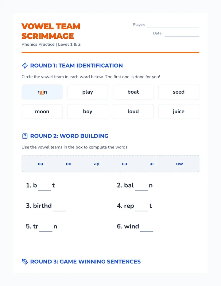 Vowel Team Scrimmage Worksheet