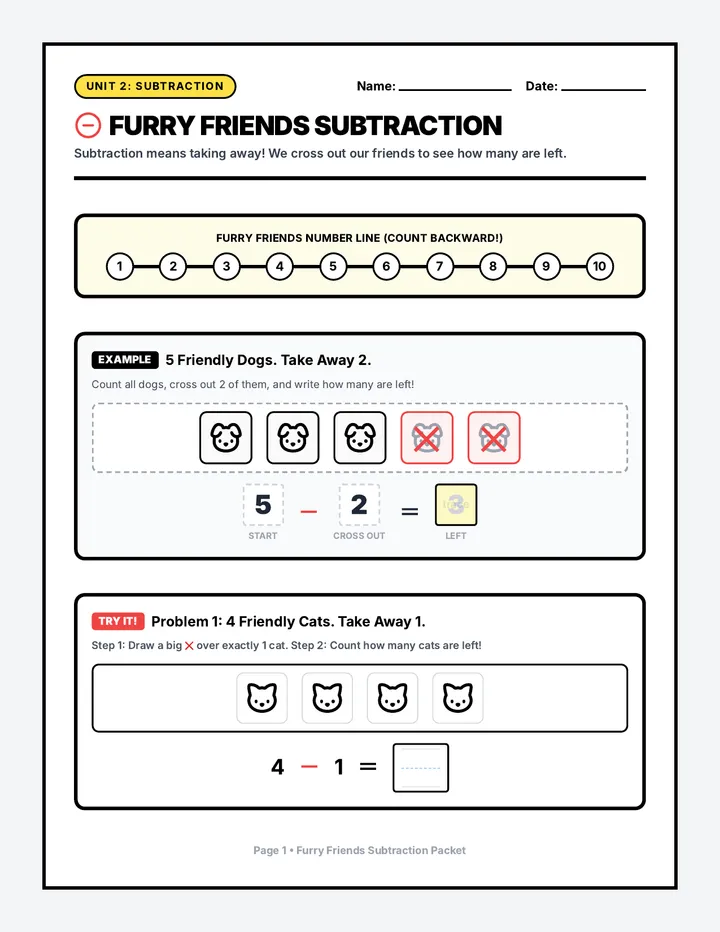 Furry Friends Subtraction Packet