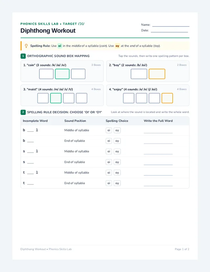 Diphthong Workout Worksheet