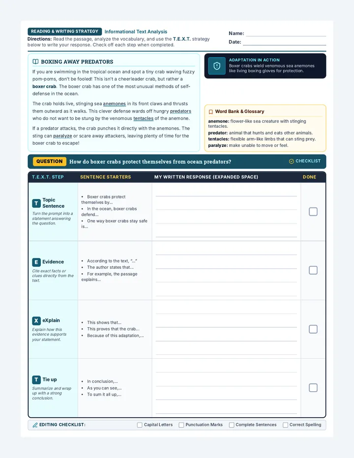 Boxer Crab TEXT Worksheet