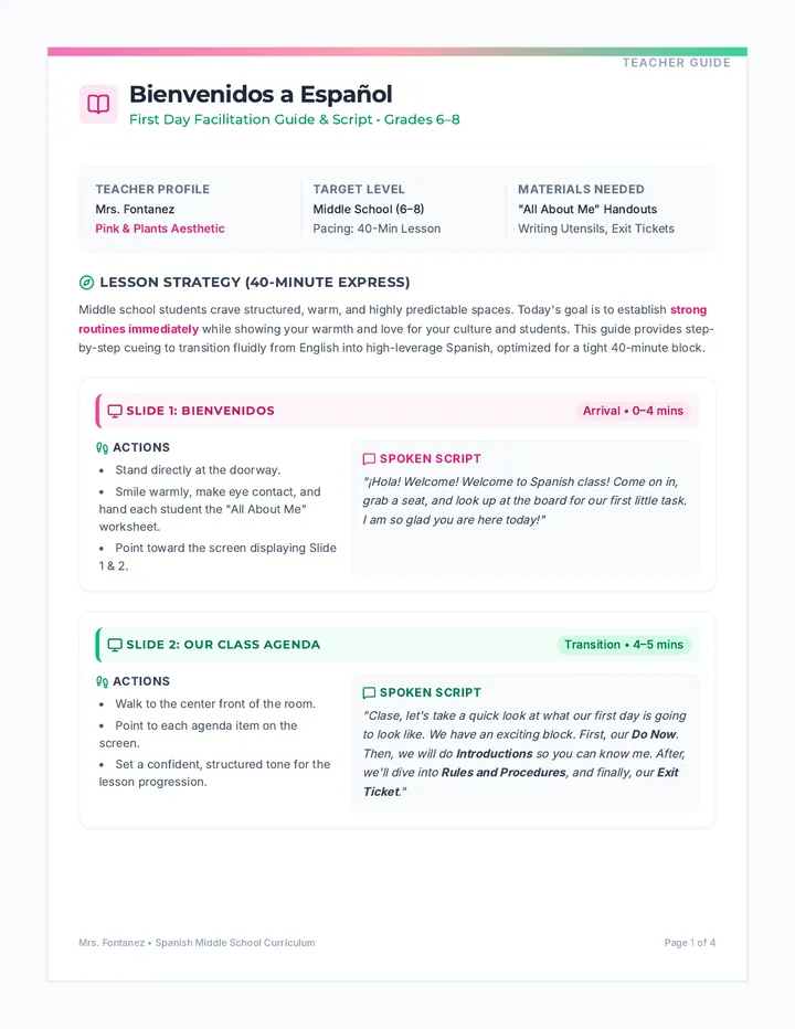 Bienvenidos Teacher Script