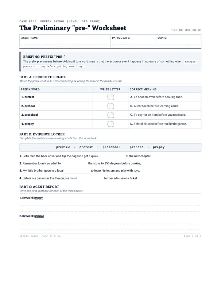 Prefix Patrol Pre Worksheet