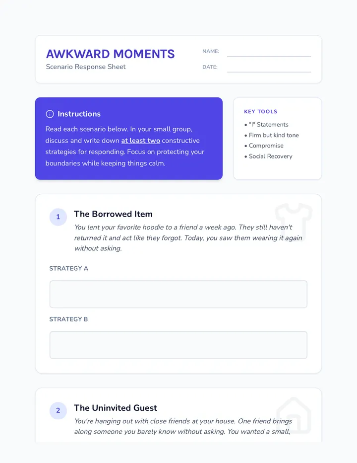 Awkward Moments Response Sheet