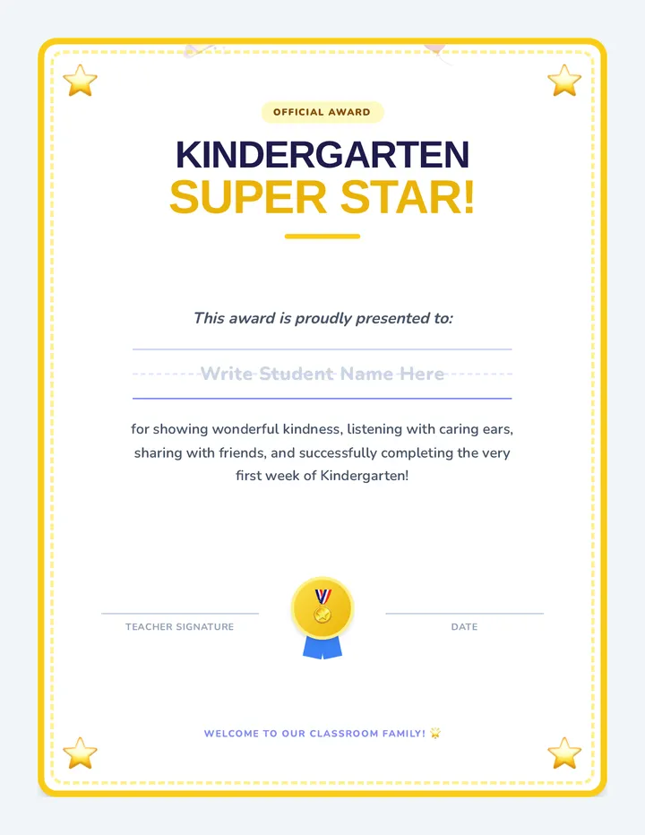Kindergarten Star Certificate