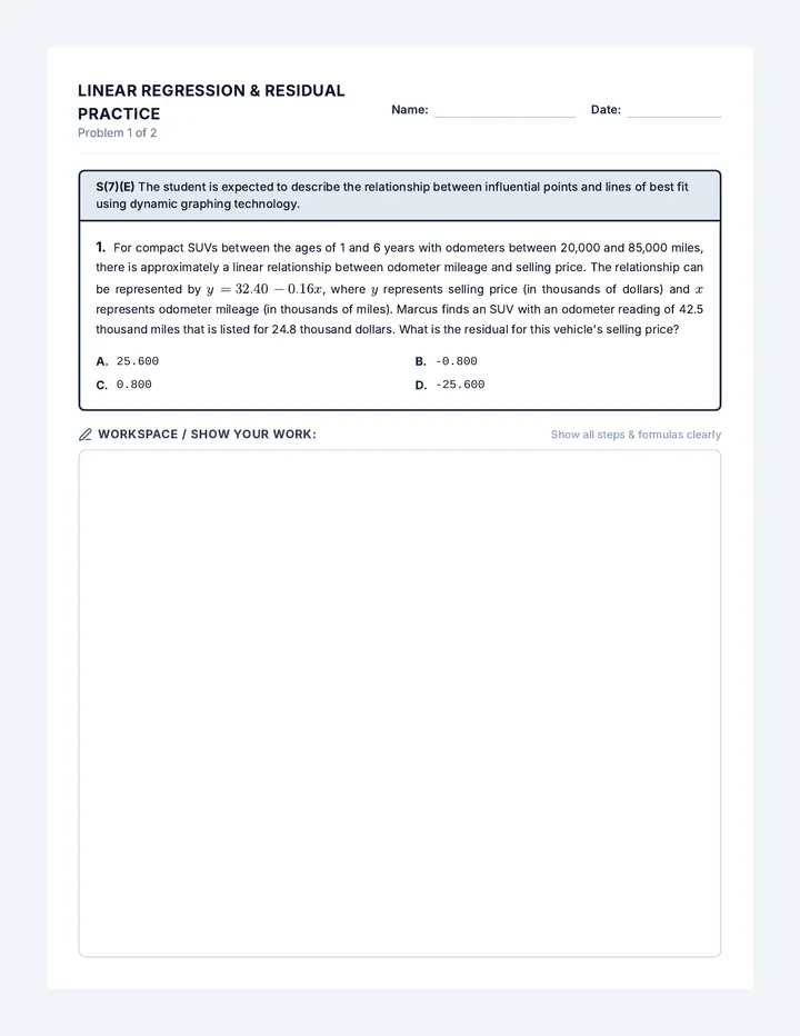 Residual Analysis Practice Worksheet