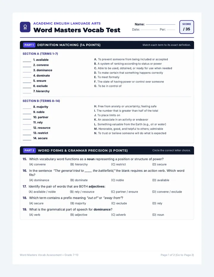 Word Masters Vocab Test