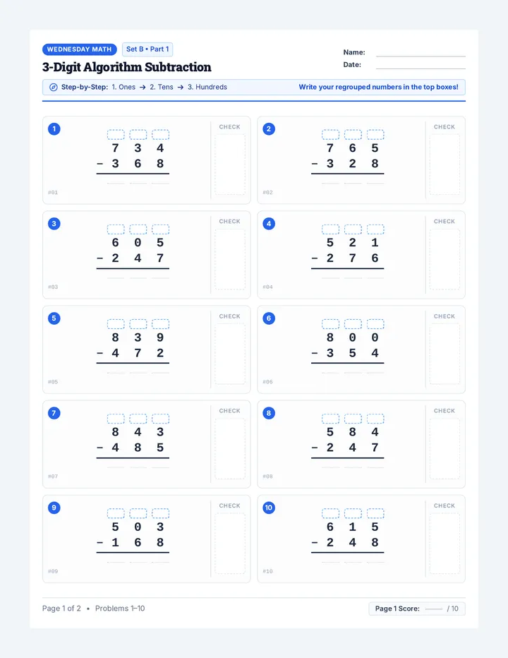 Wednesday Subtraction Packet