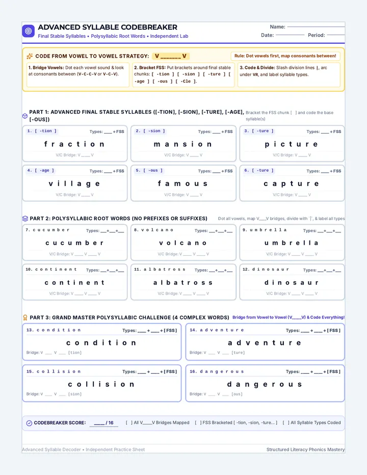 Advanced Syllable Decoder Worksheet