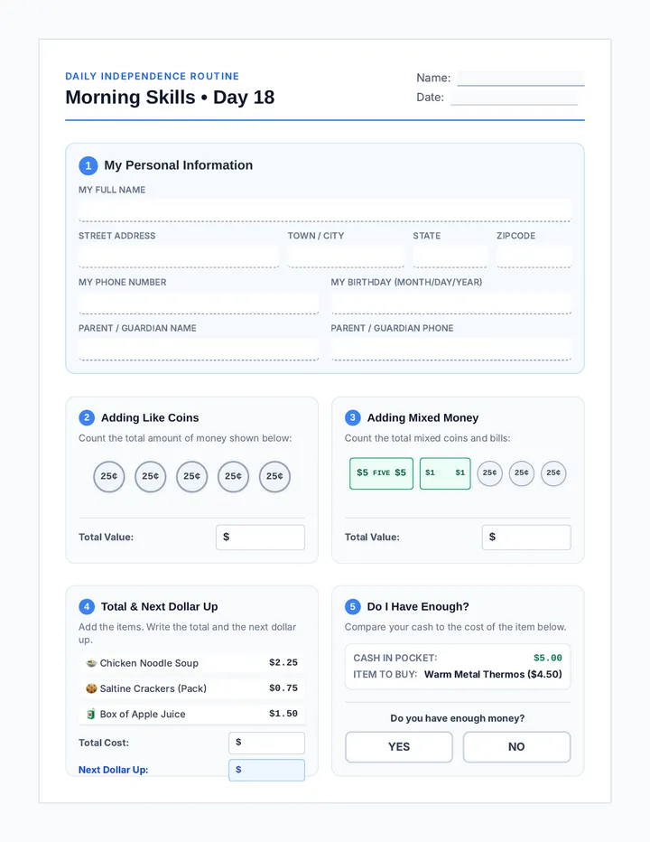Morning Skills Day 18 Worksheet
