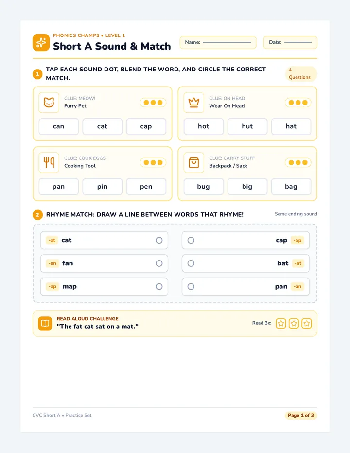 Short A Champs Worksheets