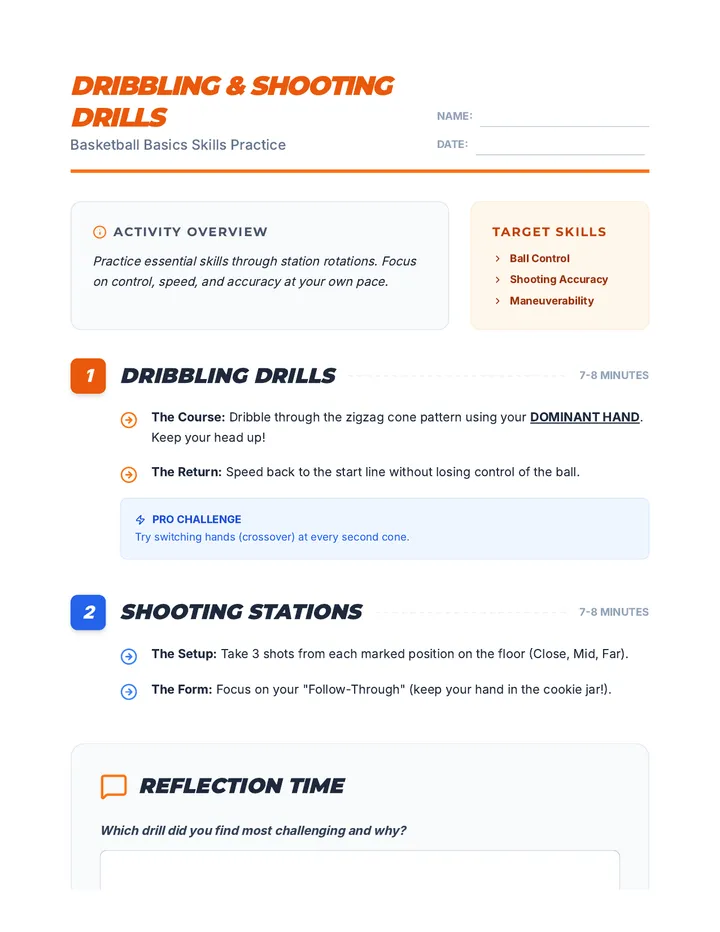 Basketball Drills Worksheet Activity