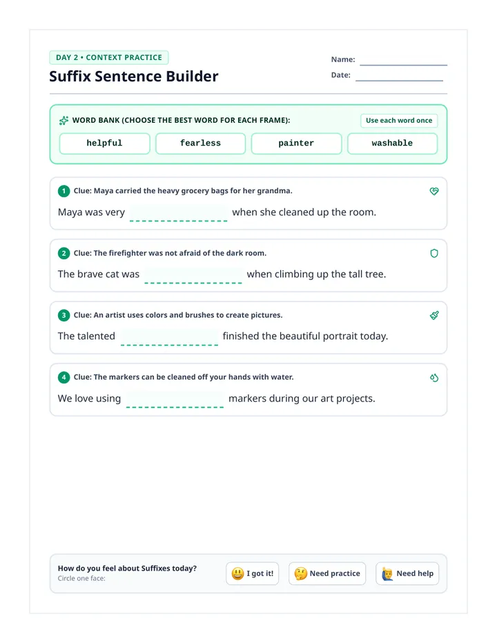 Suffix Sentence Frames Practice