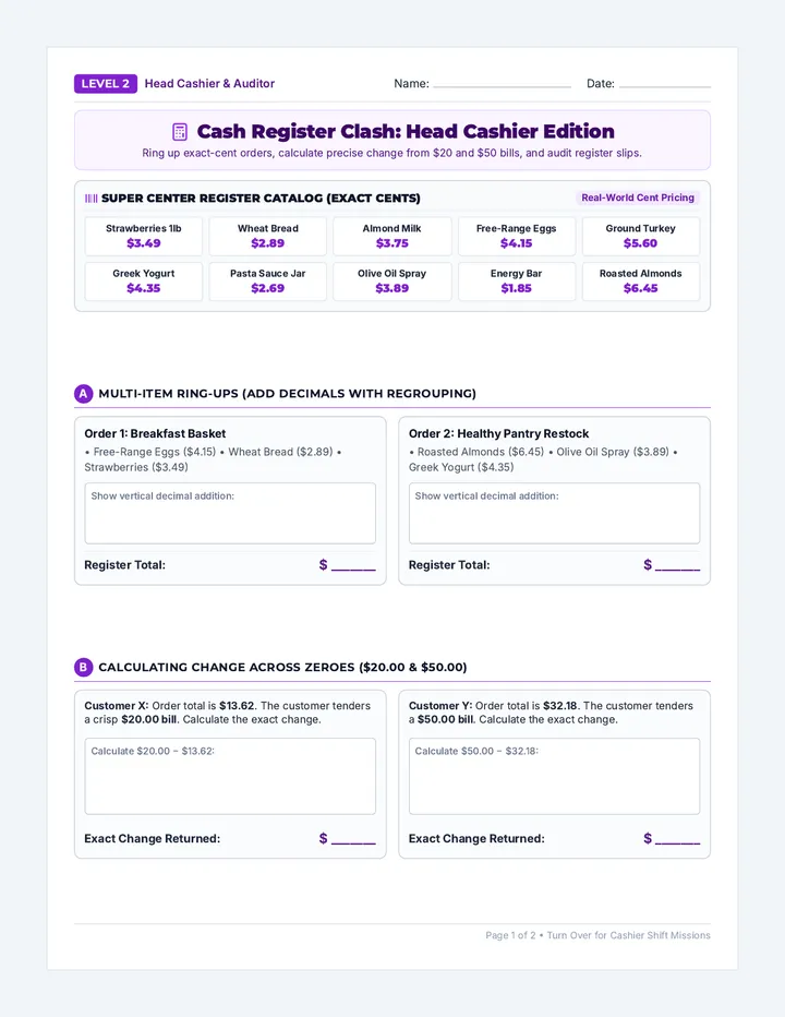 Cash Register Level Two Worksheet