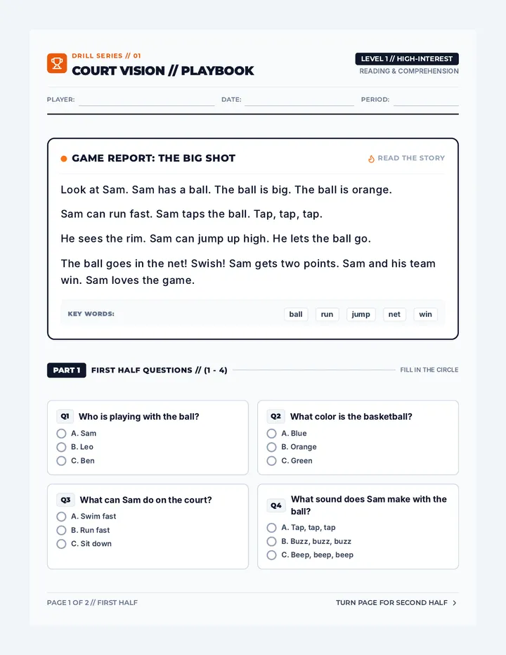 Court Vision Reading Worksheet