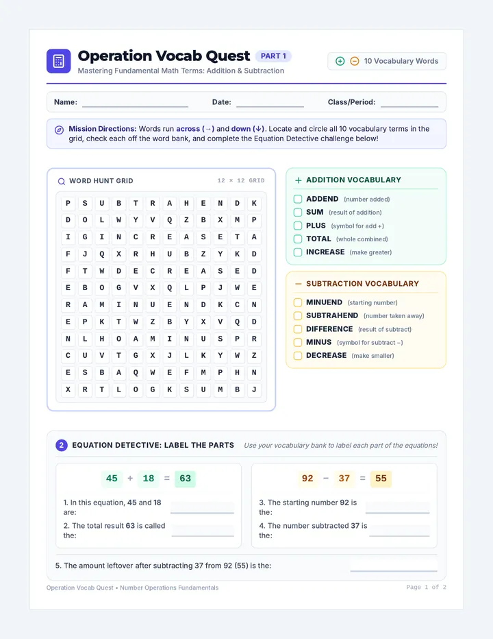 Operation Vocab Search Worksheet