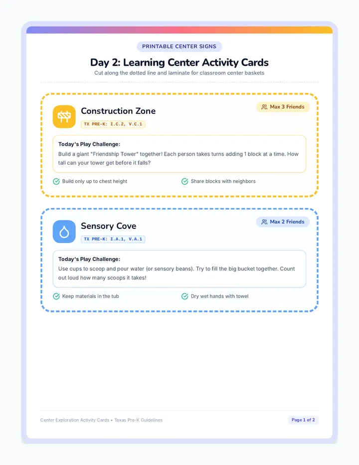 Center Exploration Activity Cards