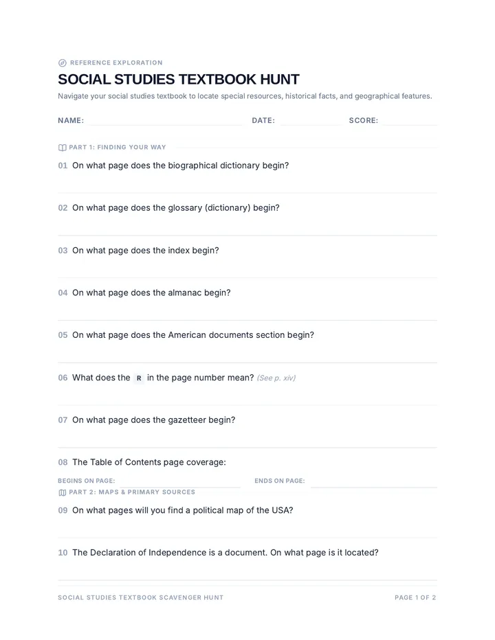 Textbook Scavenger Worksheet