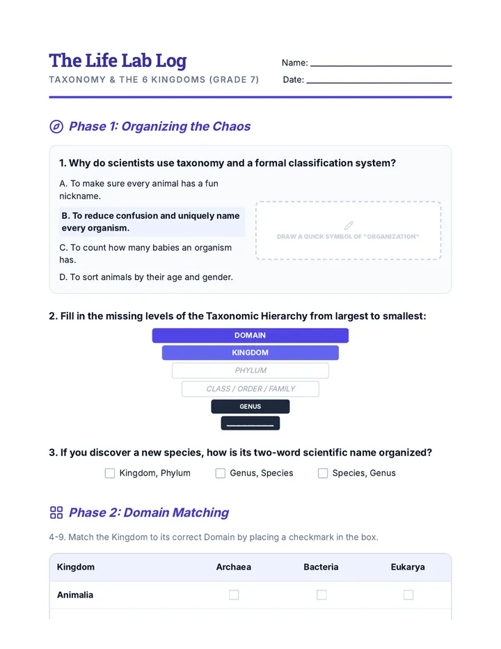 Classification Mastery Worksheet