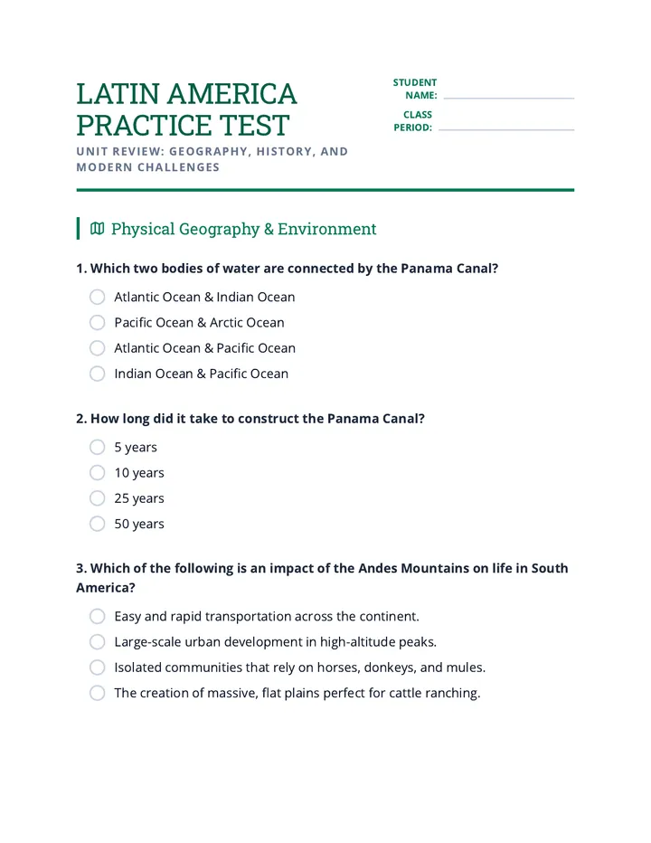 Latin America Practice Test